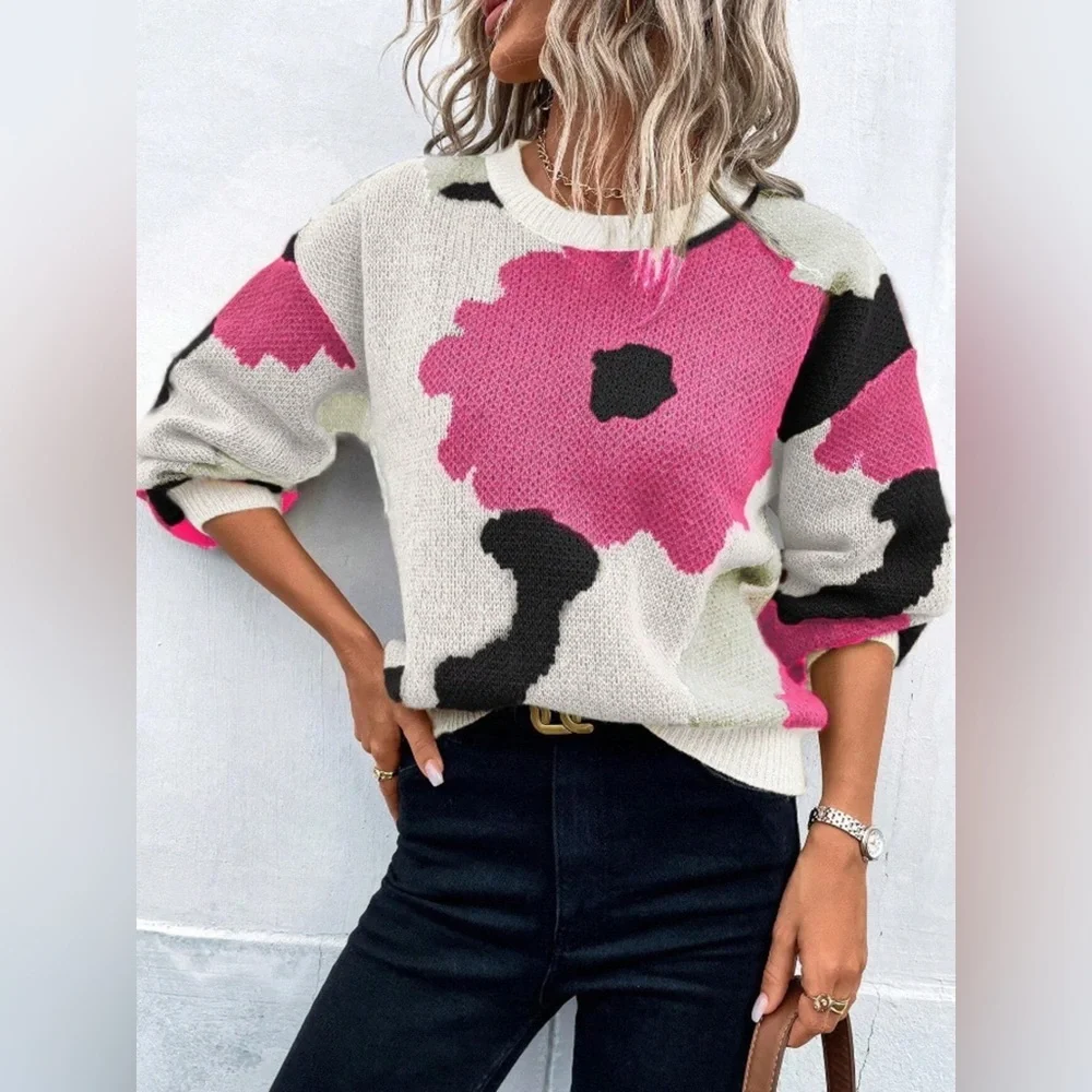 Floral Pattern Round Neck Sweater - Picture 12 of 16